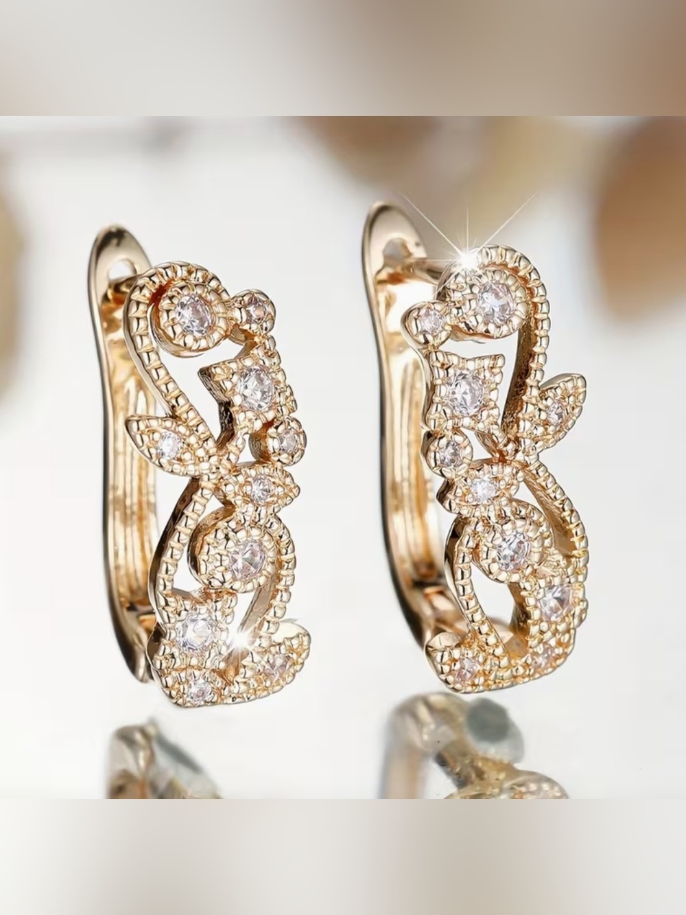 Gold Crystal Hoop Earrings - Elegant Floral Design.